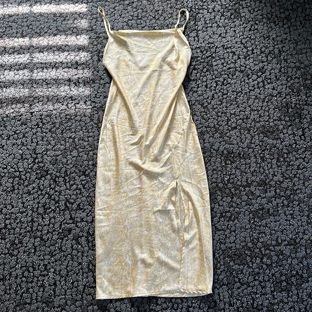 Yellow floral silk dress cowl neck